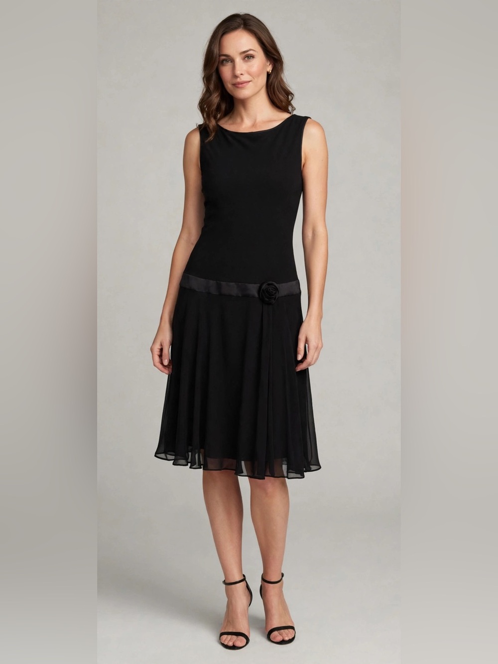 Vintage Cynthia Rowley Black Sleeveless Flared Midi Dress with Satin Waistband